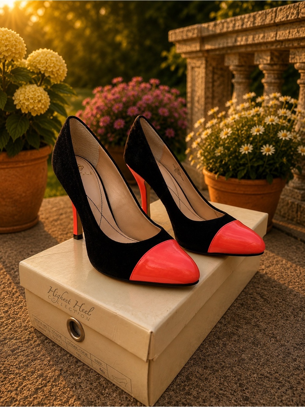 Isola Black Suede Pumps with Coral Patent Cap Toe and Heel
